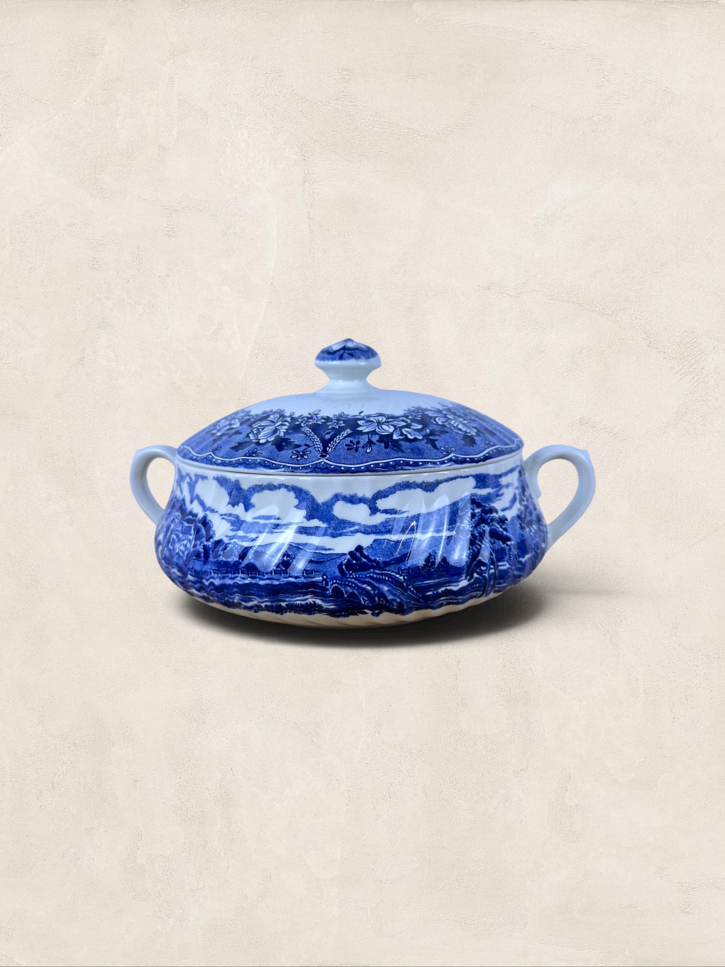 English Blue & White “Old Castle” Covered Tureen by Barratts Staffordshire