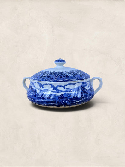 English Blue & White “Old Castle” Covered Tureen by Barratts Staffordshire