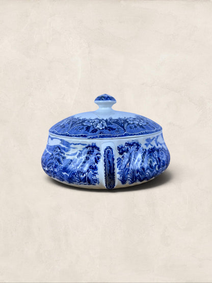 English Blue & White “Old Castle” Covered Tureen by Barratts Staffordshire