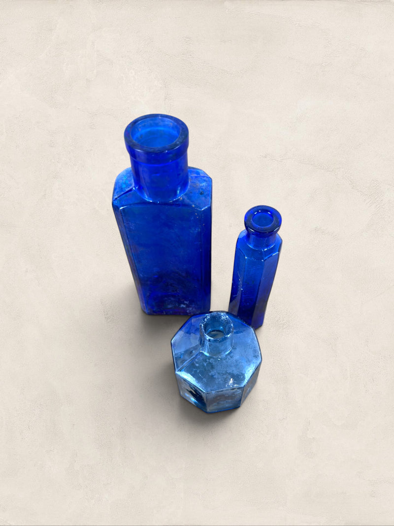 Set of Three English Cobalt Blue Glass Apothecary Bottles