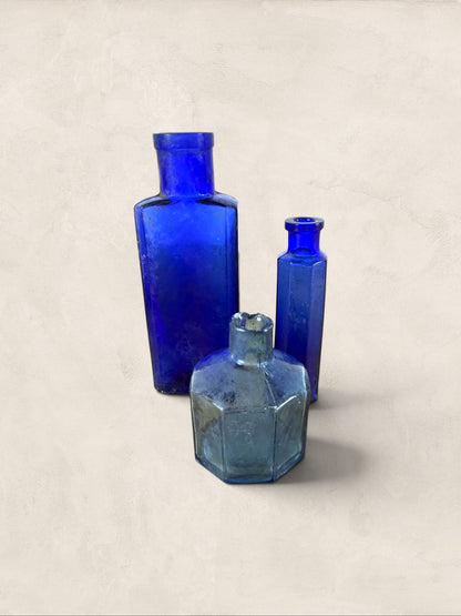 Set of Three English Cobalt Blue Glass Apothecary Bottles