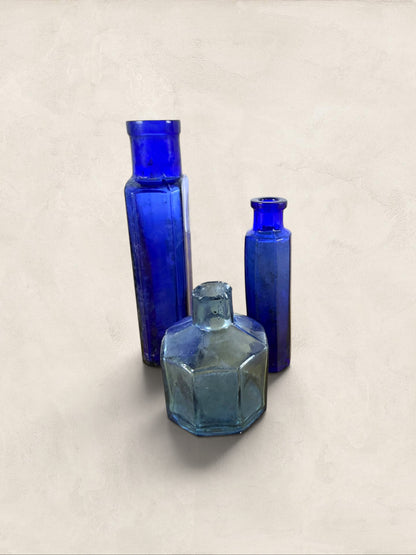 Set of Three English Cobalt Blue Glass Apothecary Bottles