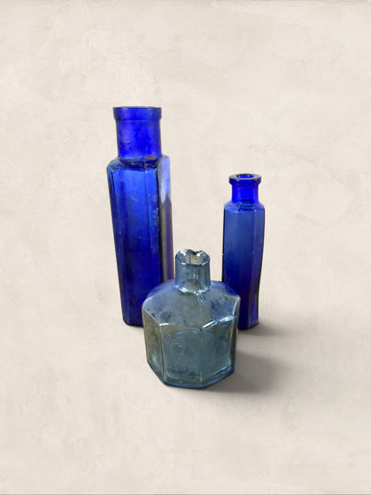 Set of Three English Cobalt Blue Glass Apothecary Bottles