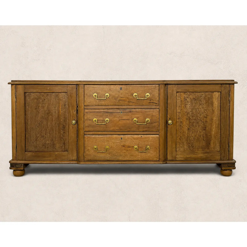 English Oak Breakfront Sideboard With Brass Hardware