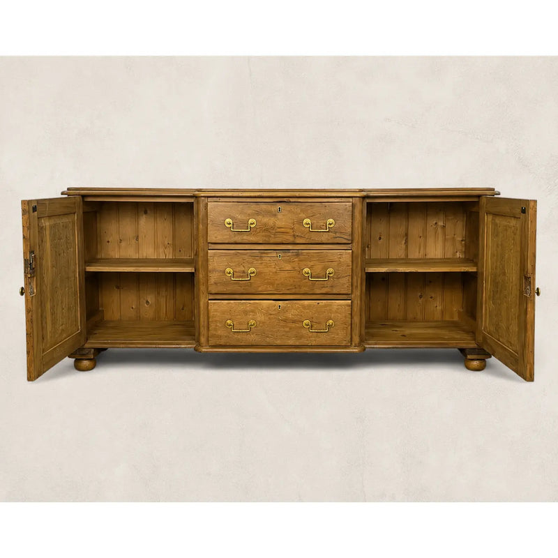 English Oak Breakfront Sideboard With Brass Hardware