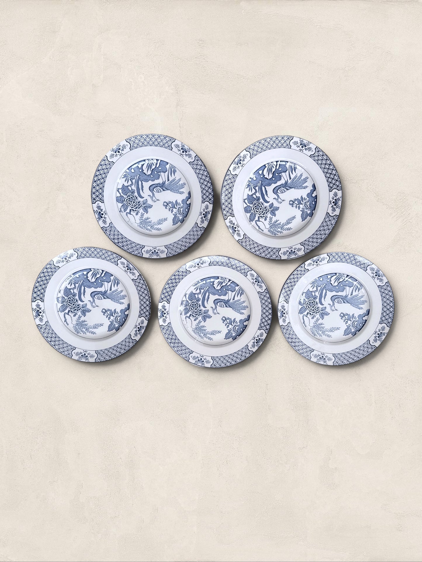 English Wood & Sons "Yuan" Blue & White Transferware Dinner Plates, Set of 5