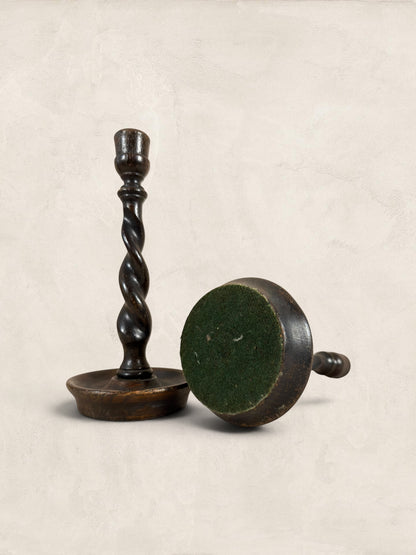 Stone and Relic antique oak barley twist candlestick holders, circa 1910. Dark wood with a rich patina and hand-carved spiral stems.