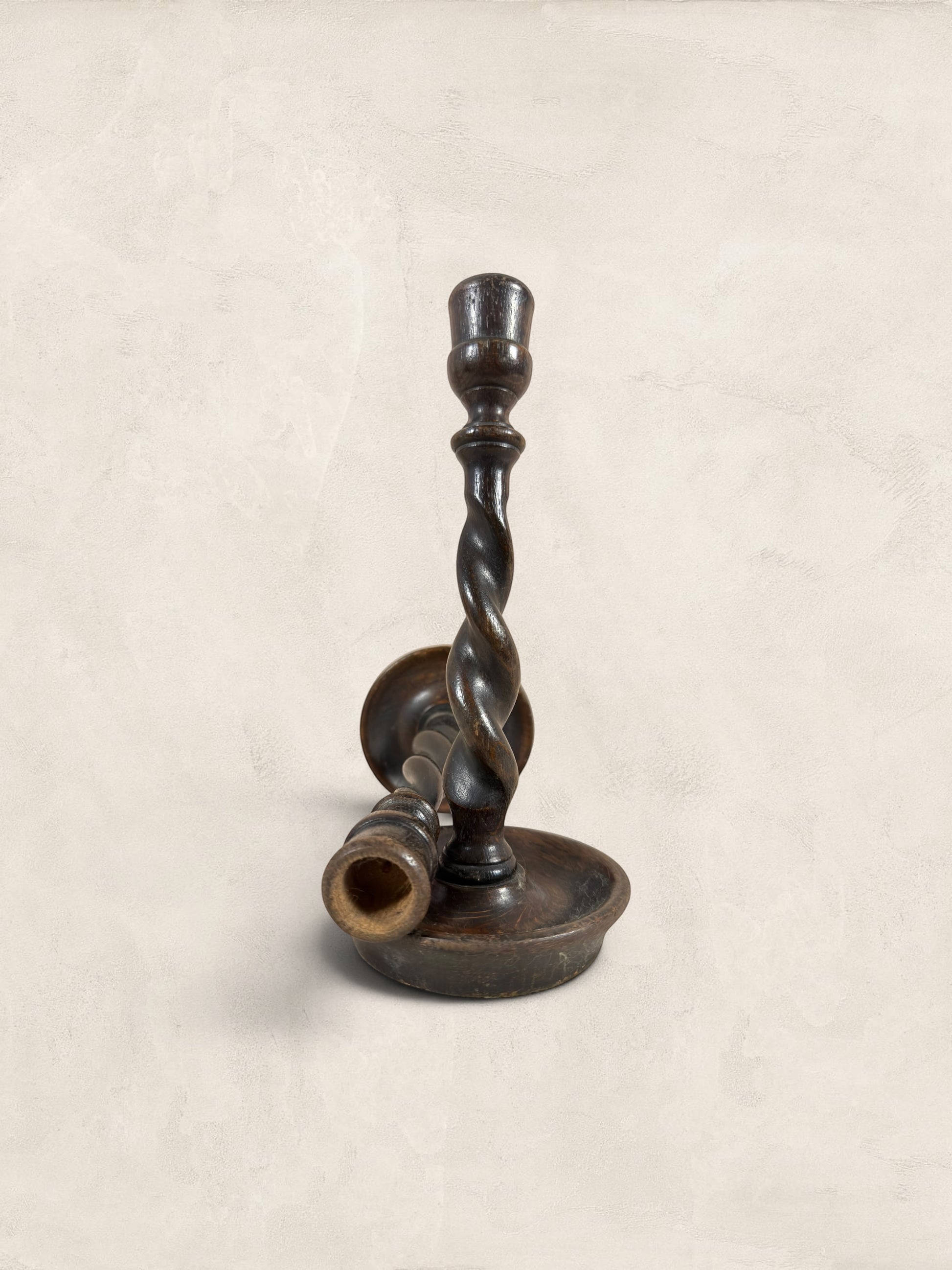 Stone and Relic antique dark oak barley twist candlestick holders, circa 1910. Set of two.