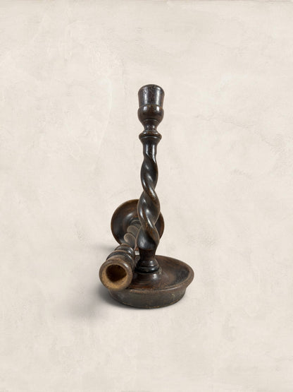 Stone and Relic antique dark oak barley twist candlestick holders, circa 1910. Set of two.