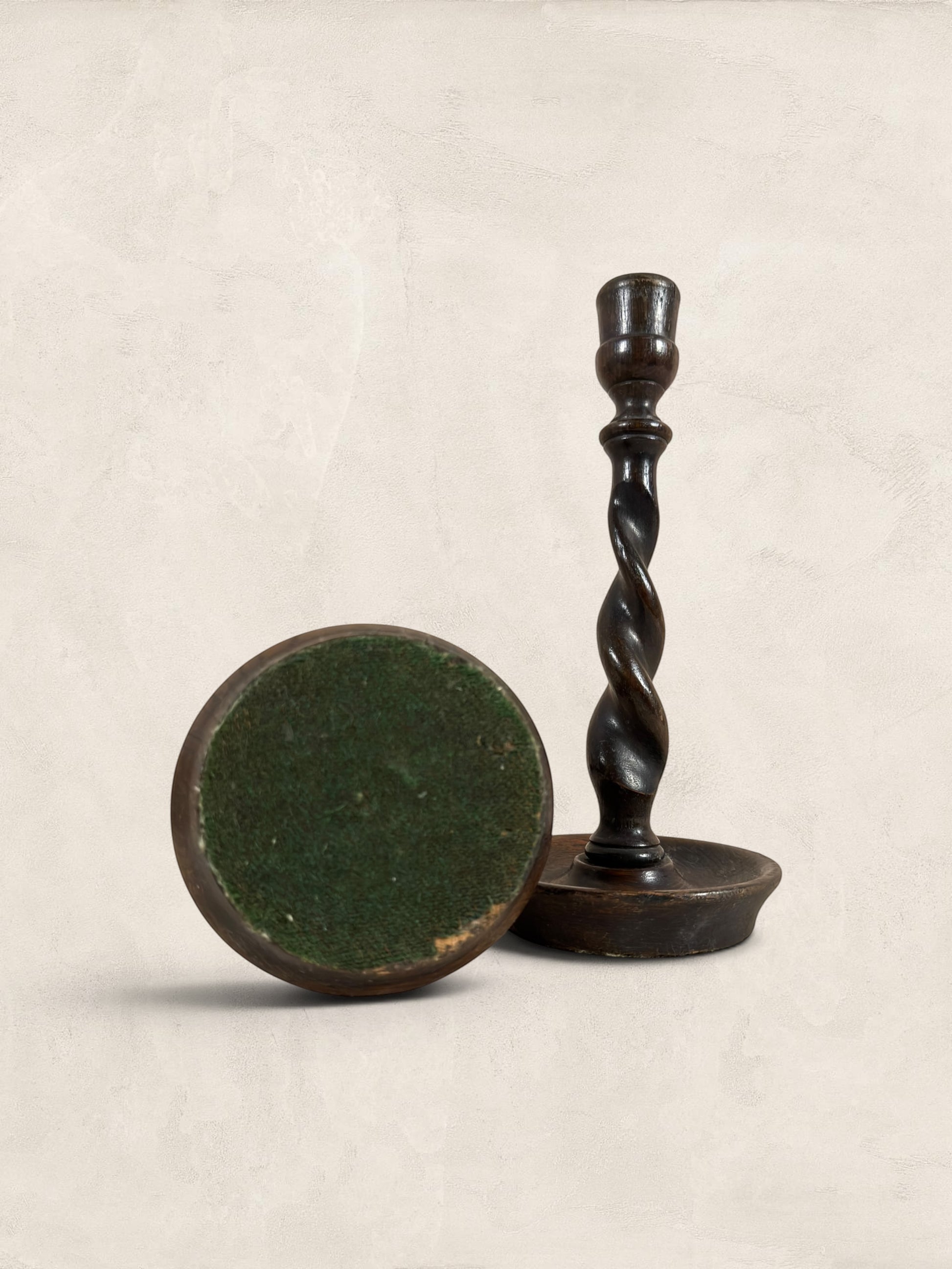 Stone and Relic antique dark oak barley twist candlestick holders, circa 1910. Set of two.