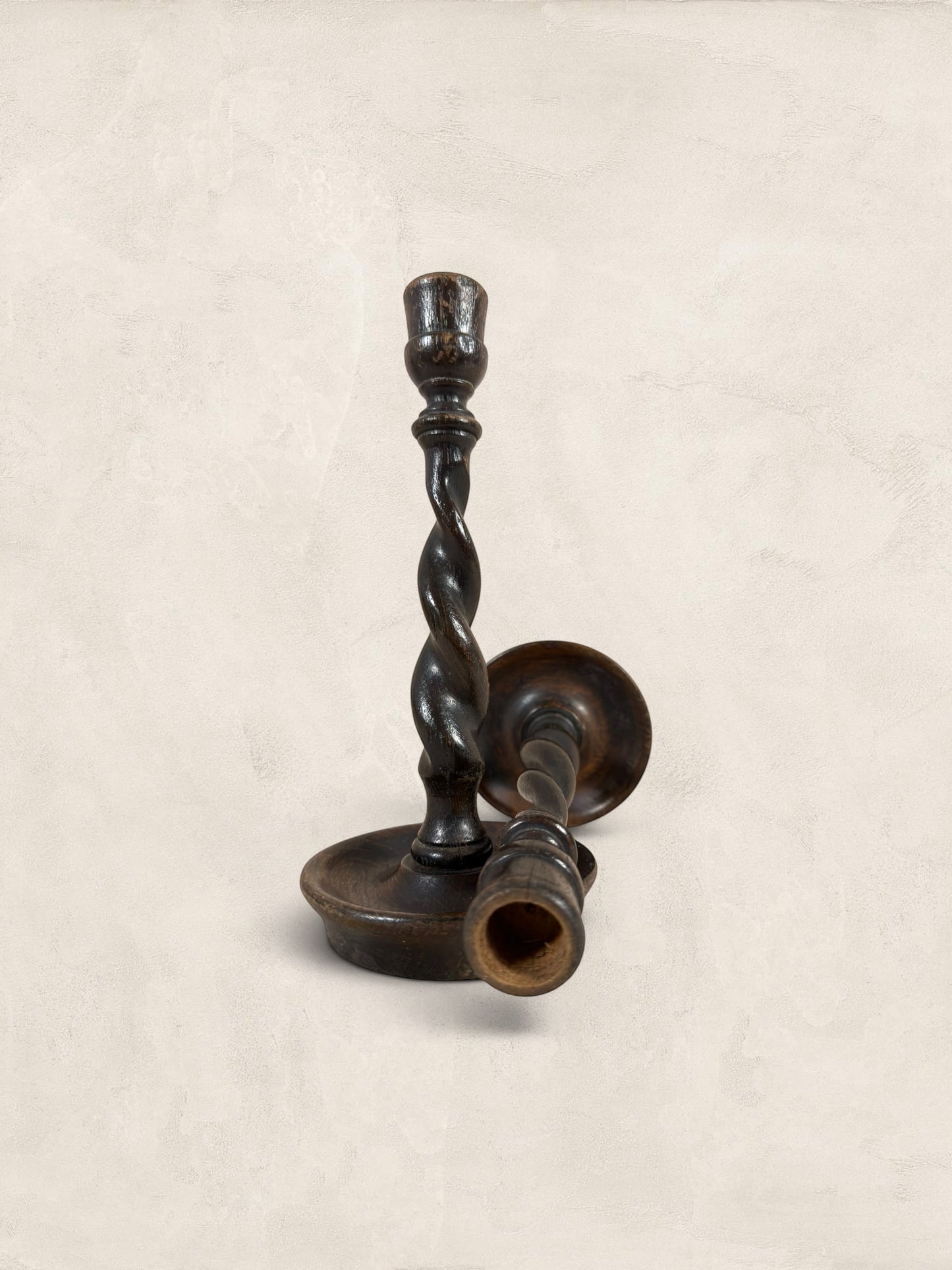 Stone and Relic antique dark oak barley twist candlestick holders, circa 1910. Set of 2.