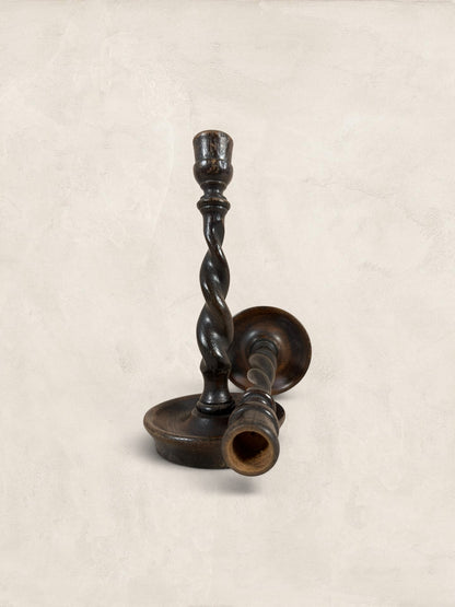 Stone and Relic antique dark oak barley twist candlestick holders, circa 1910. Set of 2.