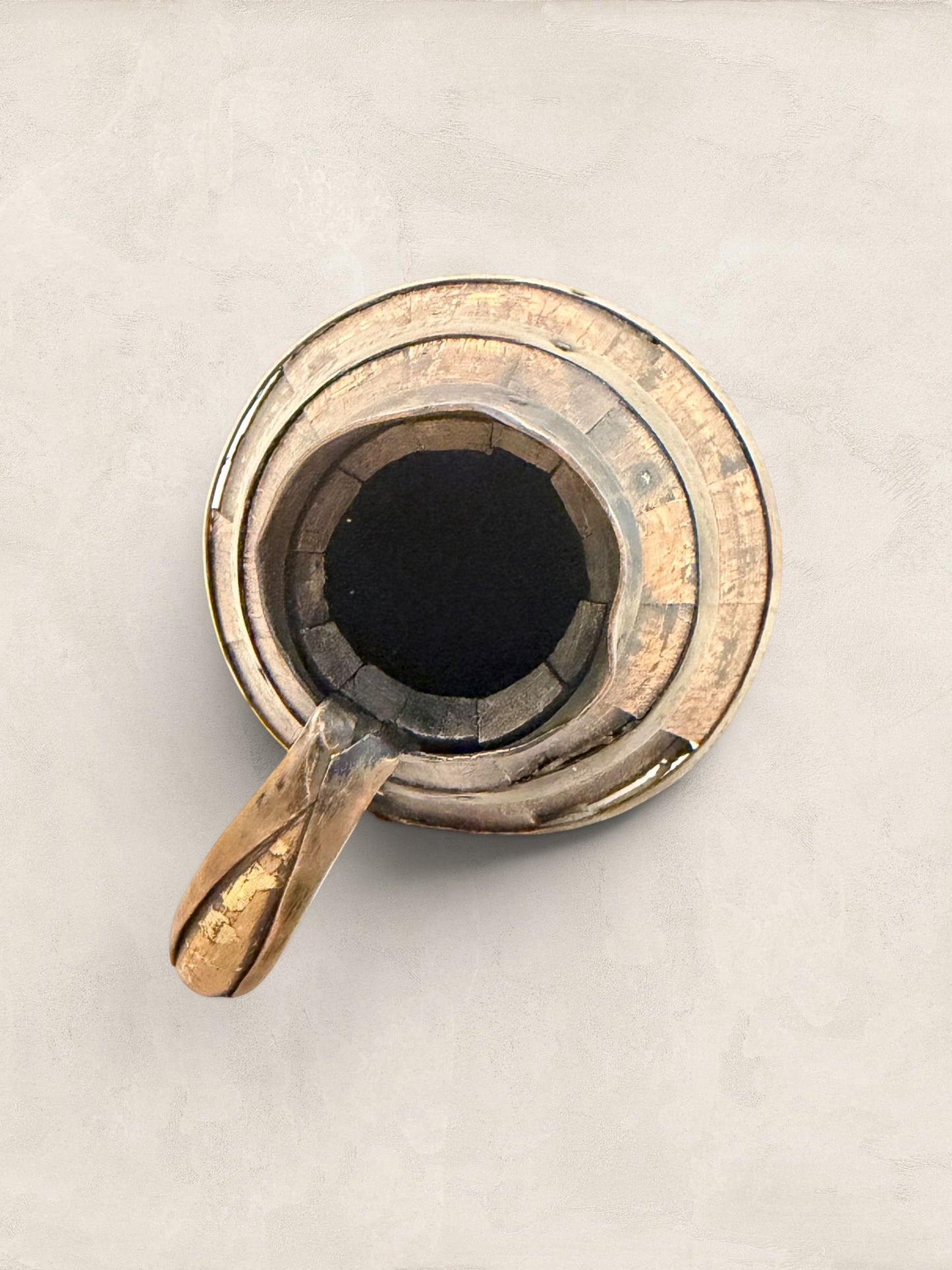 Antique barrel-shaped oak jug with copper banding and forged handle, decorative French tavernware from Stone and Relic.