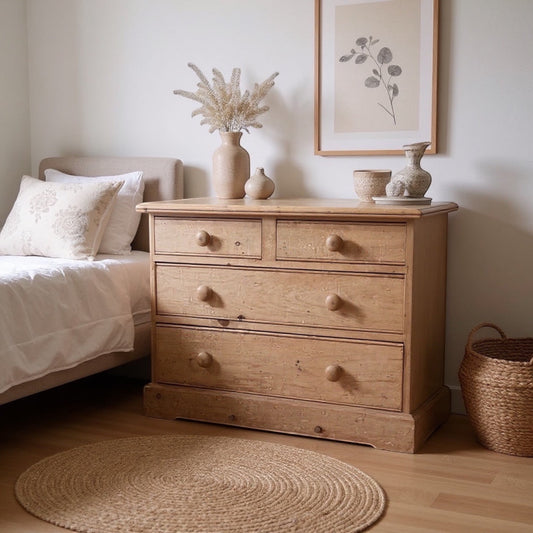 Stone and Relic antique English pine 2 over 2 chest of drawers c. 1860 with honey patina and round wooden knobs.