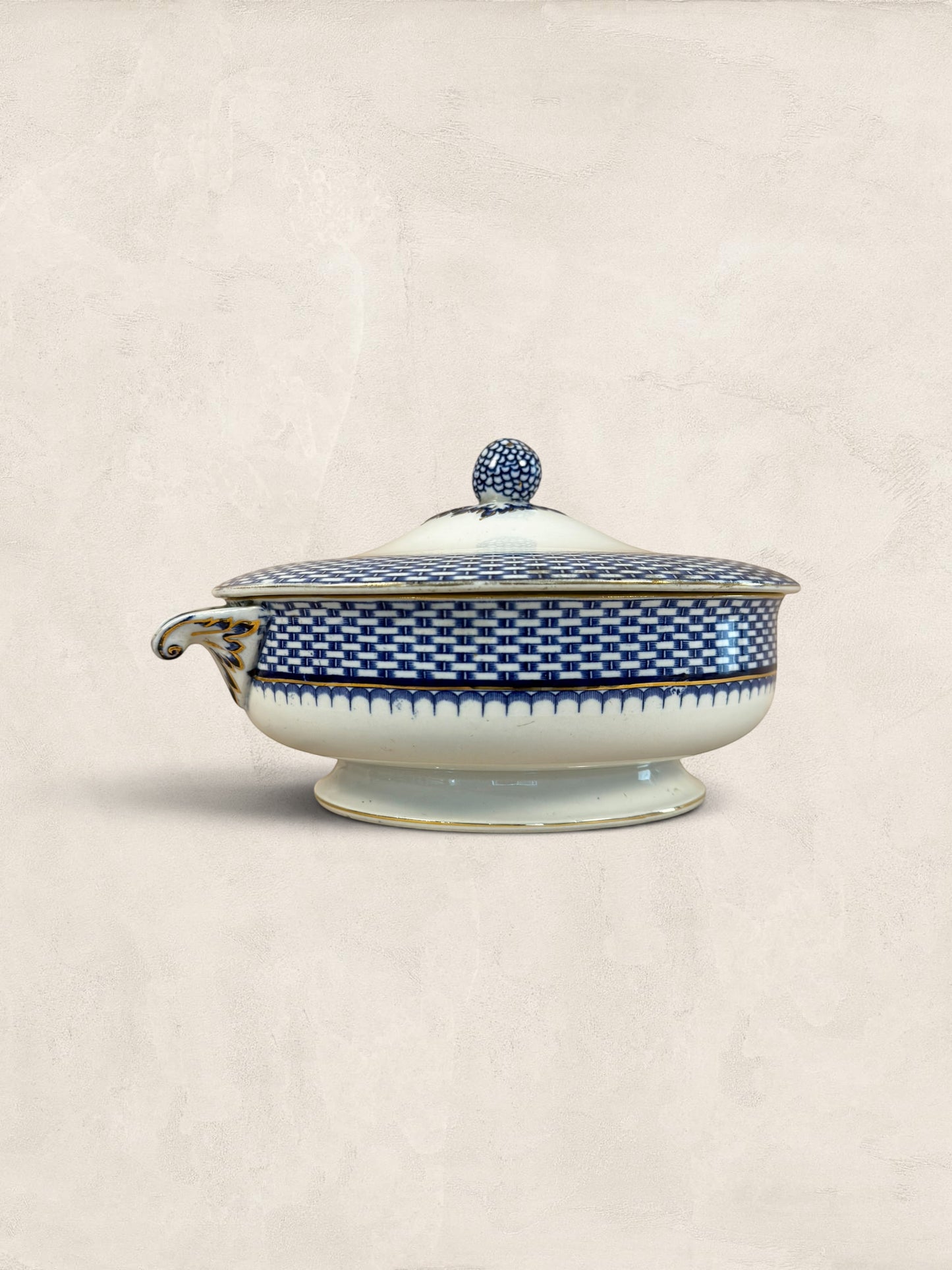 Stone and Relic Royal Cauldon 'Cromer' blue transferware covered tureen with lid, featuring a detailed scenic landscape and gold trim.