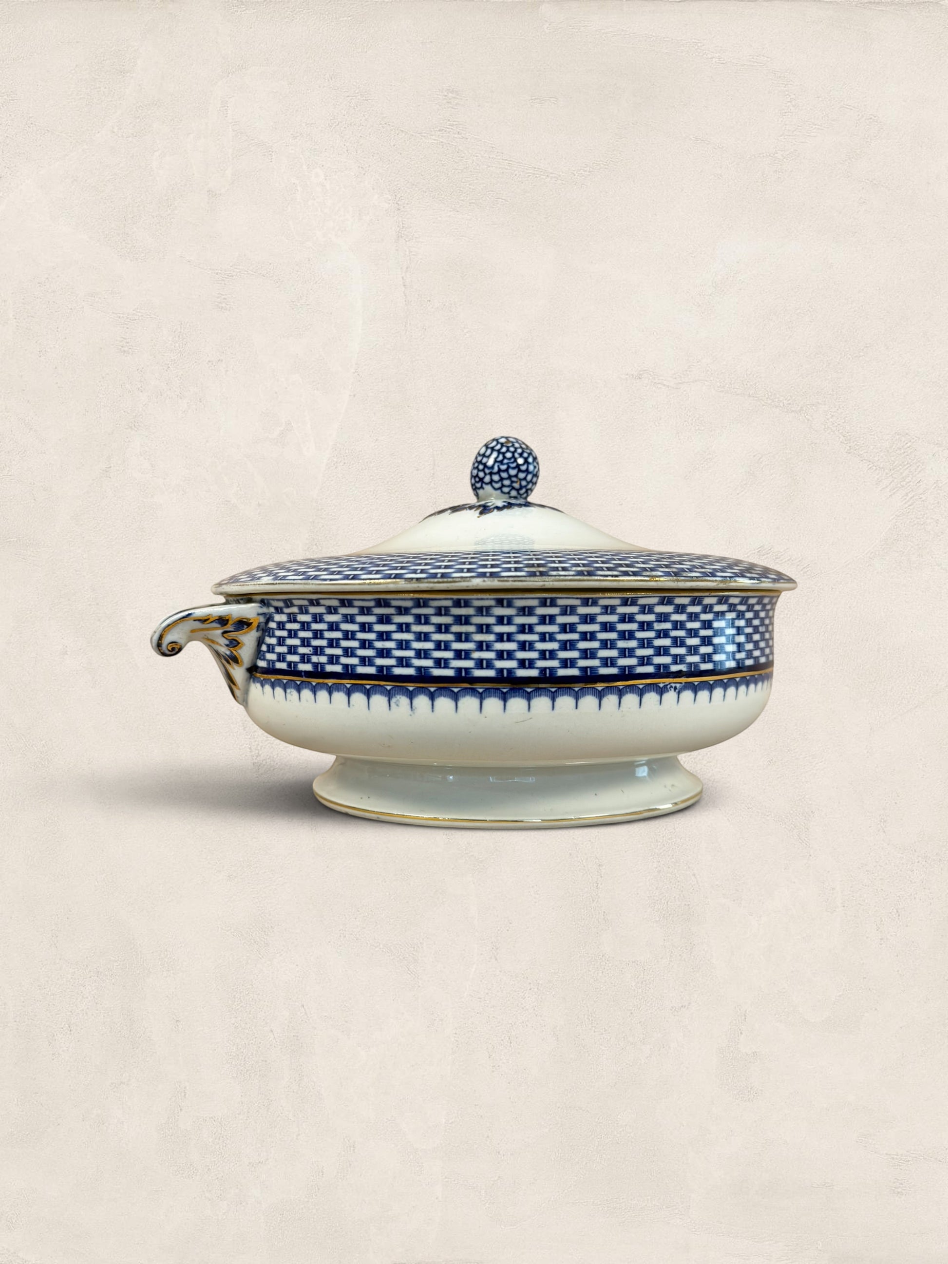 Stone and Relic Royal Cauldon 'Cromer' blue transferware covered tureen with lid, featuring a detailed scenic landscape and gold trim.