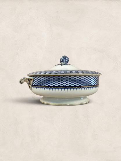 Stone and Relic Royal Cauldon 'Cromer' blue transferware covered tureen with lid, featuring a detailed scenic landscape and gold trim.