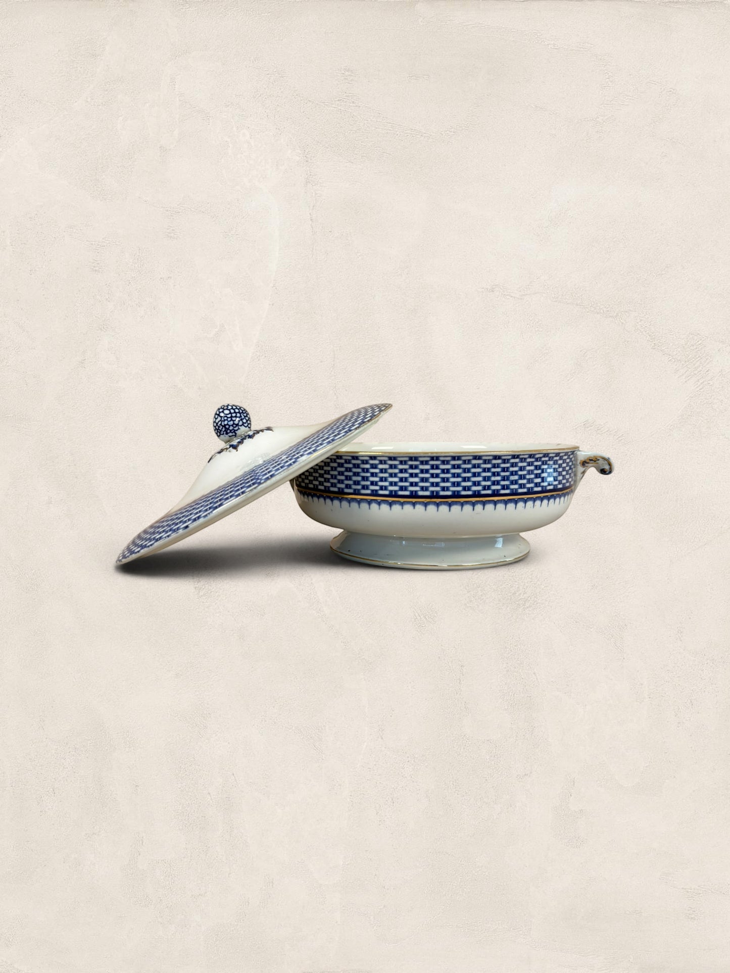 Stone and Relic Royal Cauldon 'Cromer' blue transferware covered tureen with lid, featuring intricate scenic landscape decoration.