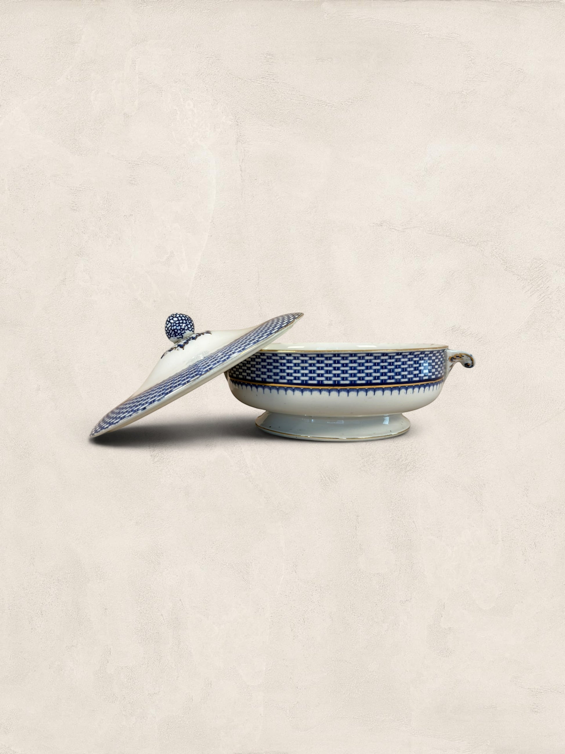 Stone and Relic Royal Cauldon 'Cromer' blue transferware covered tureen with lid, featuring intricate scenic landscape decoration.