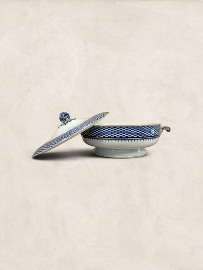 Stone and Relic Royal Cauldon 'Cromer' blue transferware covered tureen with lid, featuring intricate scenic landscape decoration.