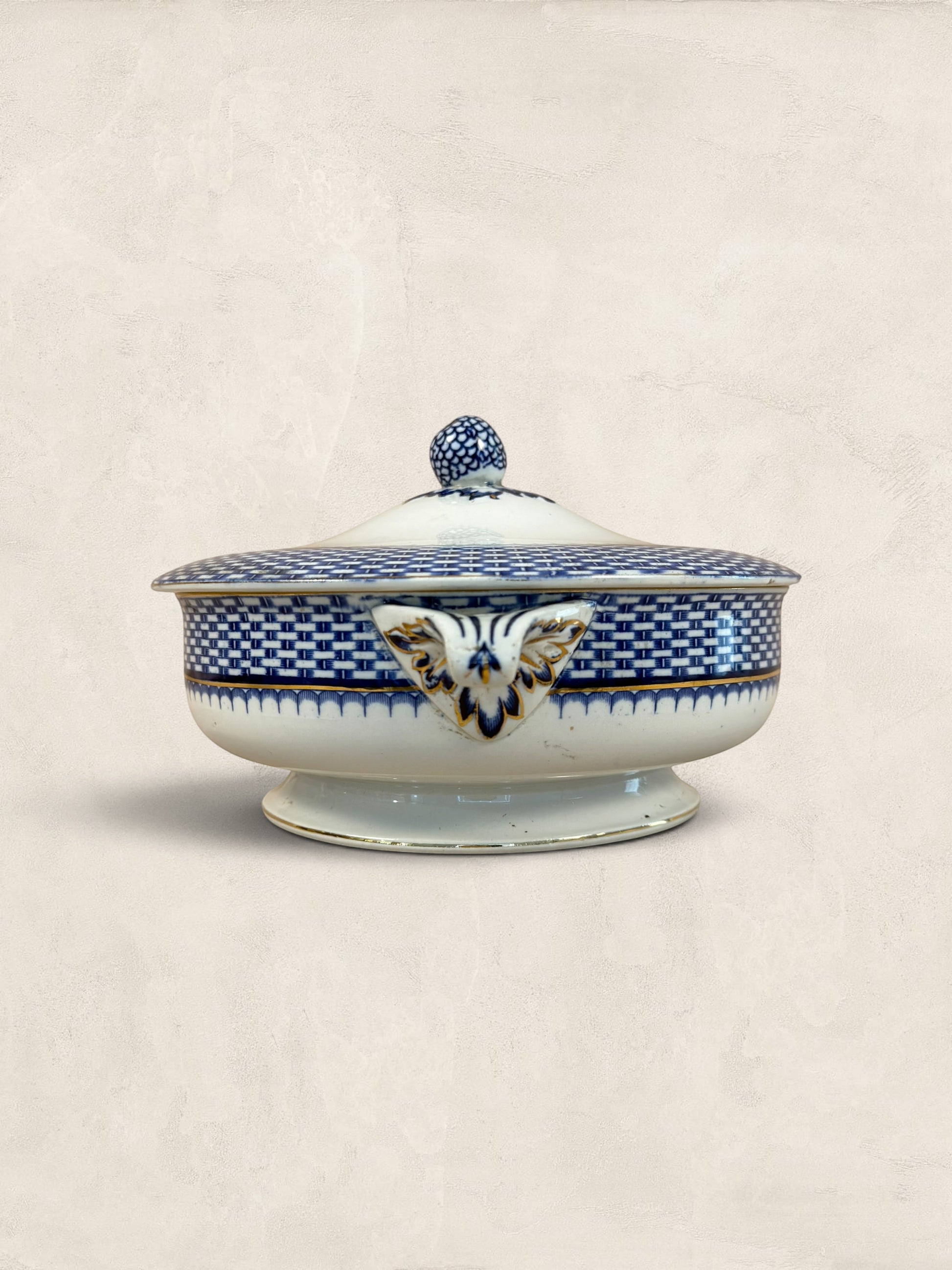 Stone and Relic Royal Cauldon 'Cromer' blue transferware covered tureen with lid, featuring intricate scenic landscape detail.