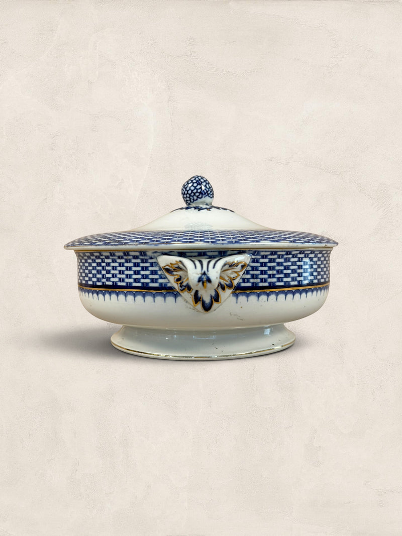 Stone and Relic Royal Cauldon 'Cromer' blue transferware covered tureen with lid, featuring intricate scenic landscape detail.