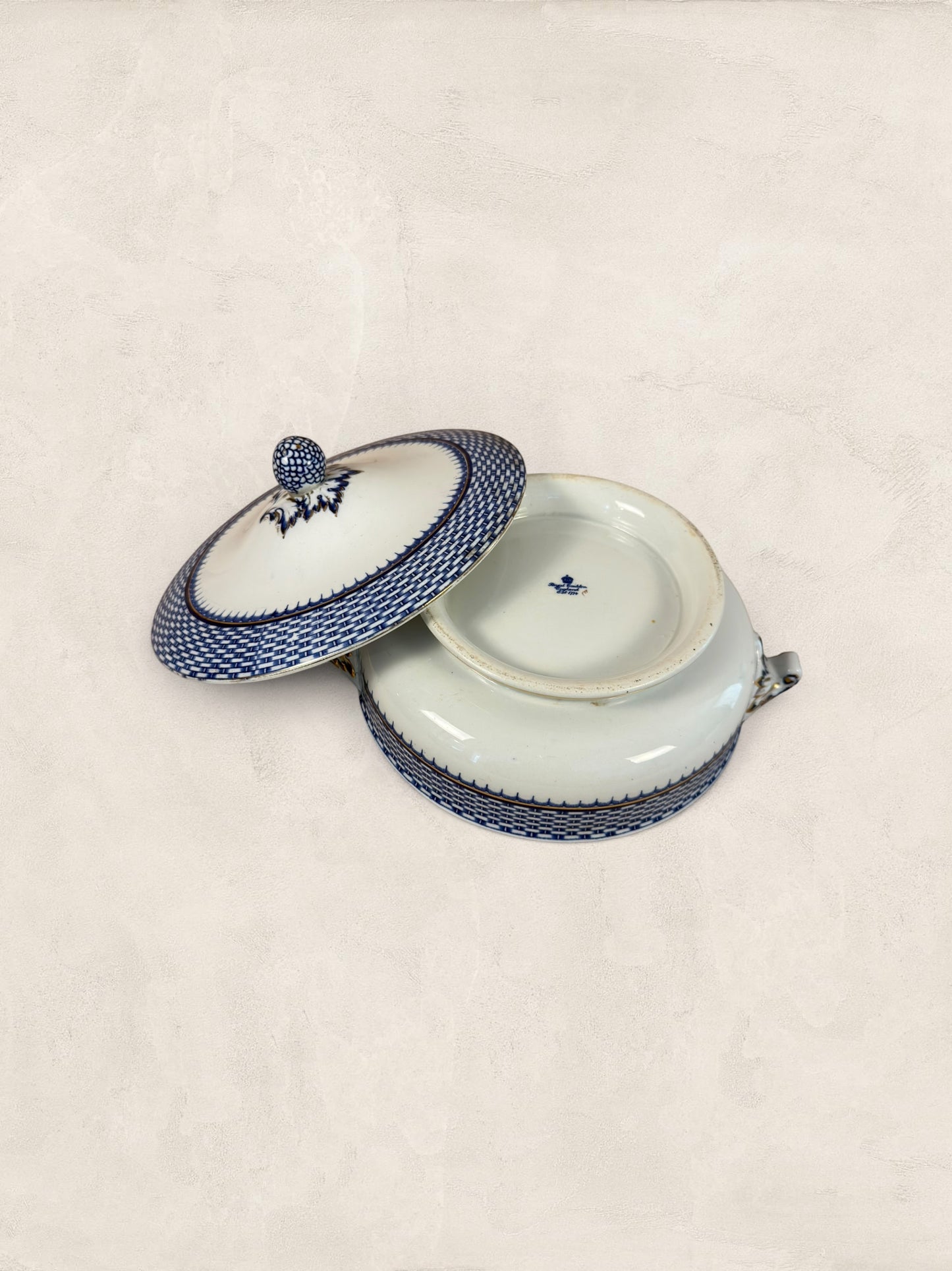 Stone and Relic Royal Cauldon 'Cromer' blue transferware covered tureen with lid, featuring intricate scenic landscape detail.