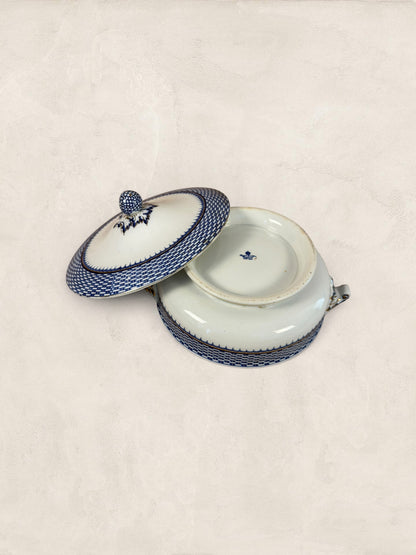 Stone and Relic Royal Cauldon 'Cromer' blue transferware covered tureen with lid, featuring intricate scenic landscape detail.