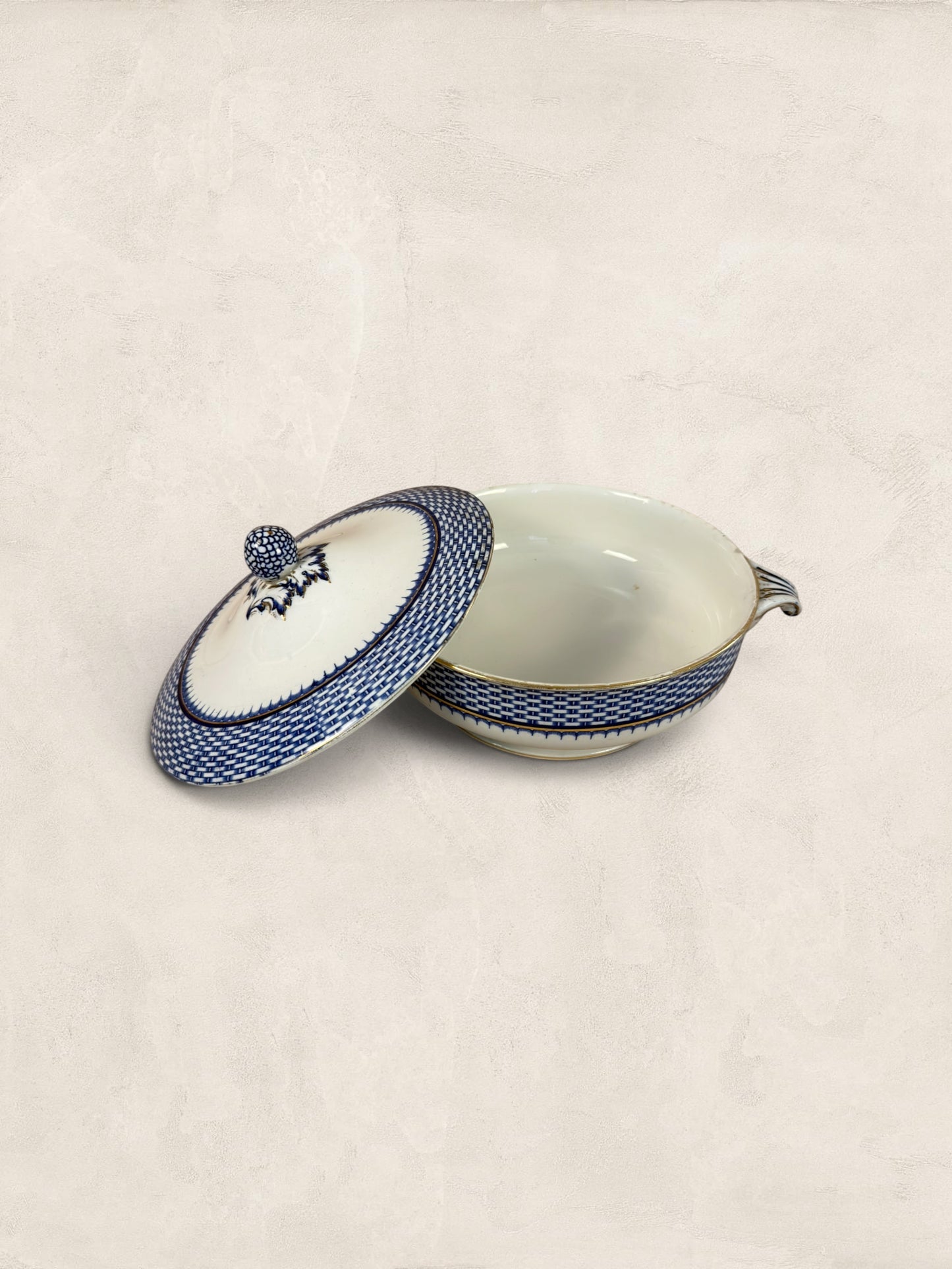 Stone and Relic Royal Cauldon 'Cromer' blue transferware covered tureen with lid, featuring scenic landscape detail and gold trim.