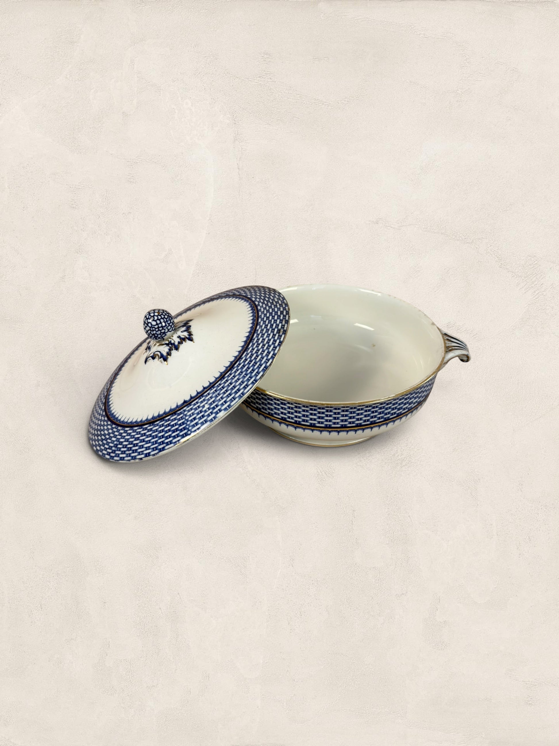 Stone and Relic Royal Cauldon 'Cromer' blue transferware covered tureen with lid, featuring scenic landscape detail and gold trim.