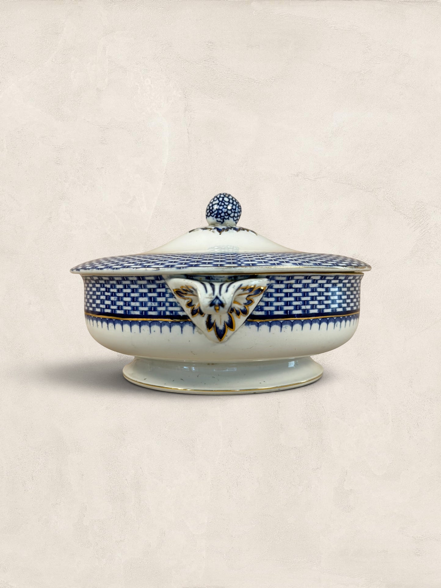 Stone and Relic Royal Cauldon 'Cromer' blue transferware covered tureen with lid, featuring intricate scenic landscape detail and gold accents.