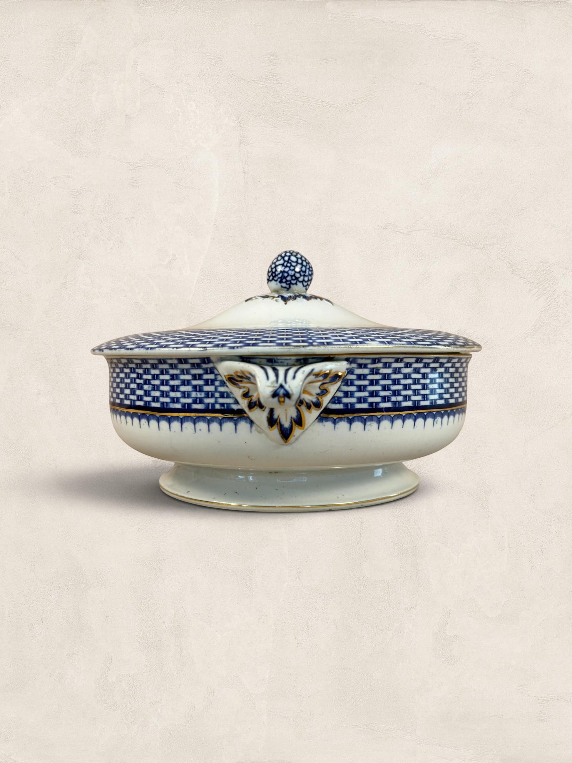Stone and Relic Royal Cauldon 'Cromer' blue transferware covered tureen with lid, featuring intricate scenic landscape detail and gold accents.
