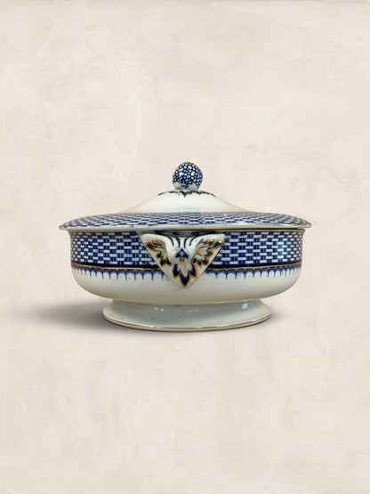 Stone and Relic Royal Cauldon 'Cromer' blue transferware covered tureen with lid, featuring intricate scenic landscape detail and gold accents.