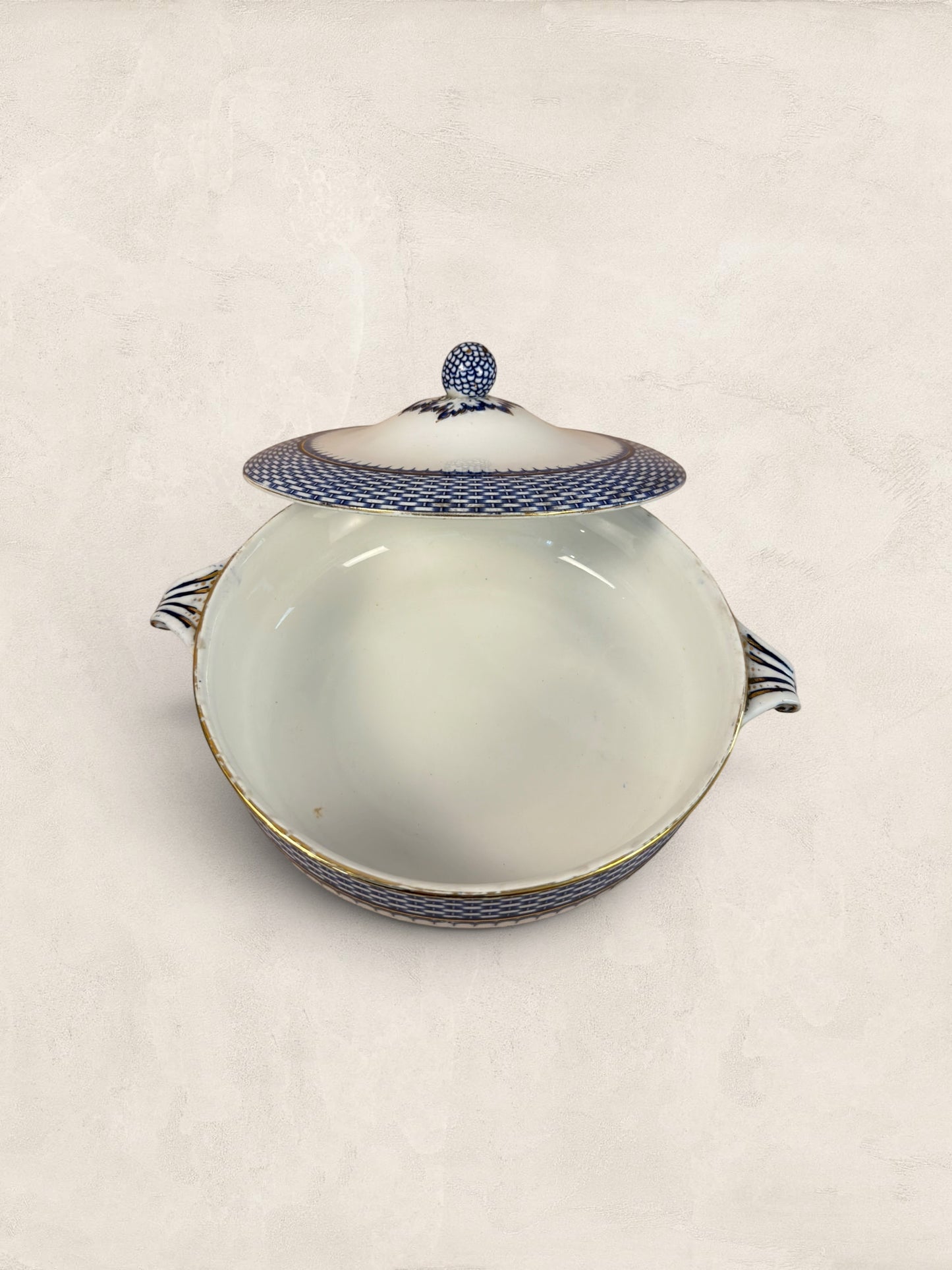 Stone and Relic Royal Cauldon 'Cromer' blue transferware covered tureen with lid, featuring scenic landscape detail and gold trim.