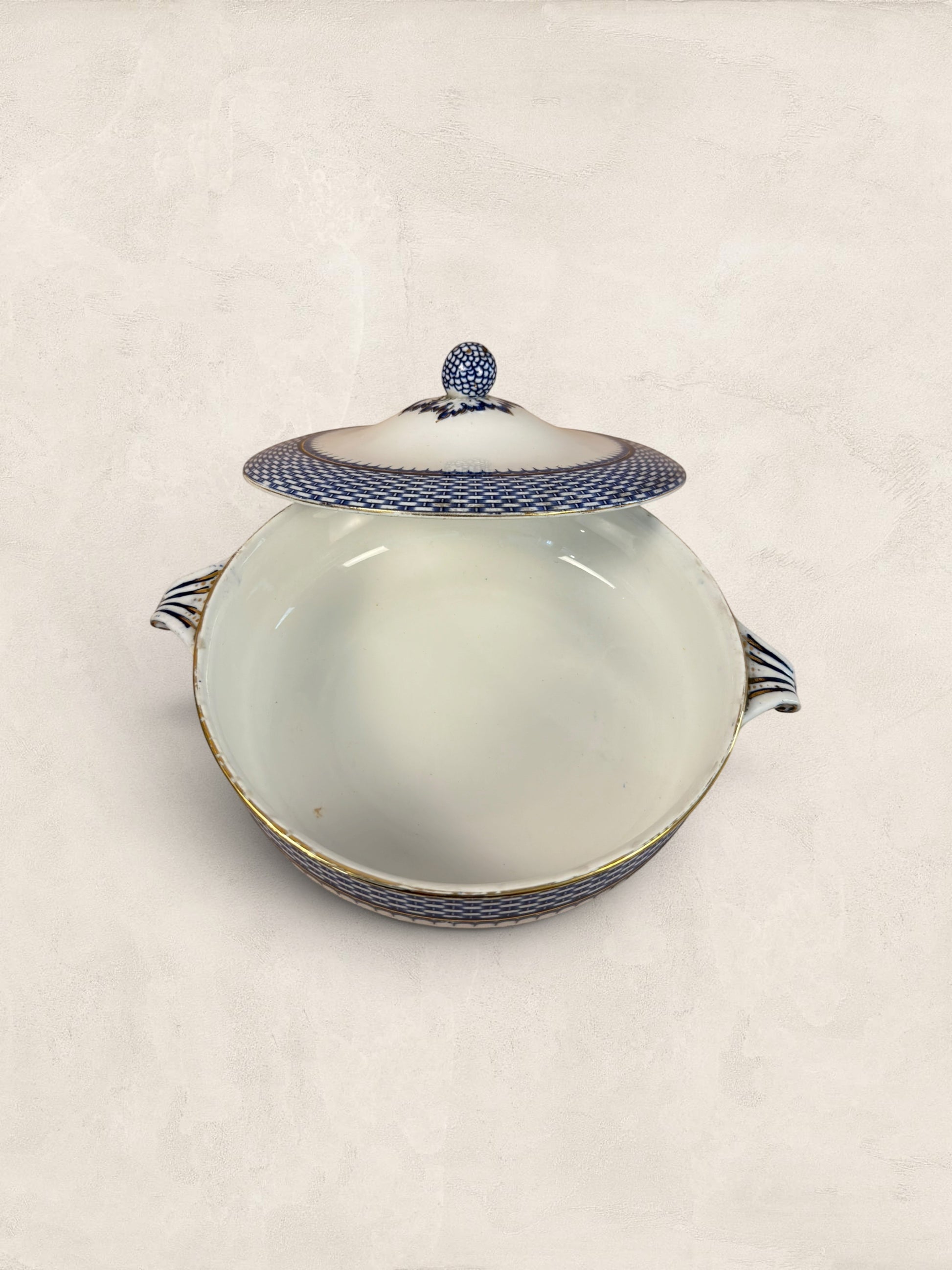 Stone and Relic Royal Cauldon 'Cromer' blue transferware covered tureen with lid, featuring scenic landscape detail and gold trim.
