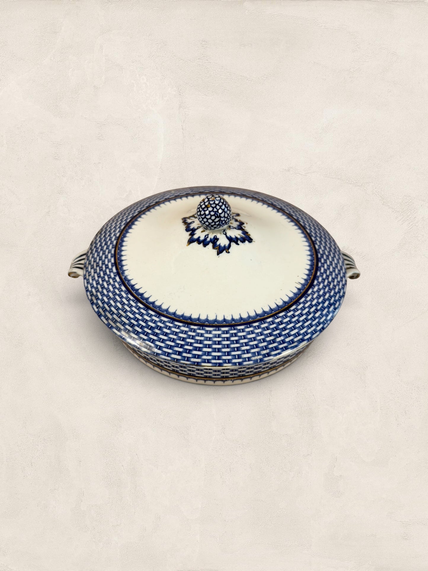 Stone and Relic Royal Cauldon 'Cromer' blue transferware covered tureen with lid, featuring a basket weave pattern and scenic detail.