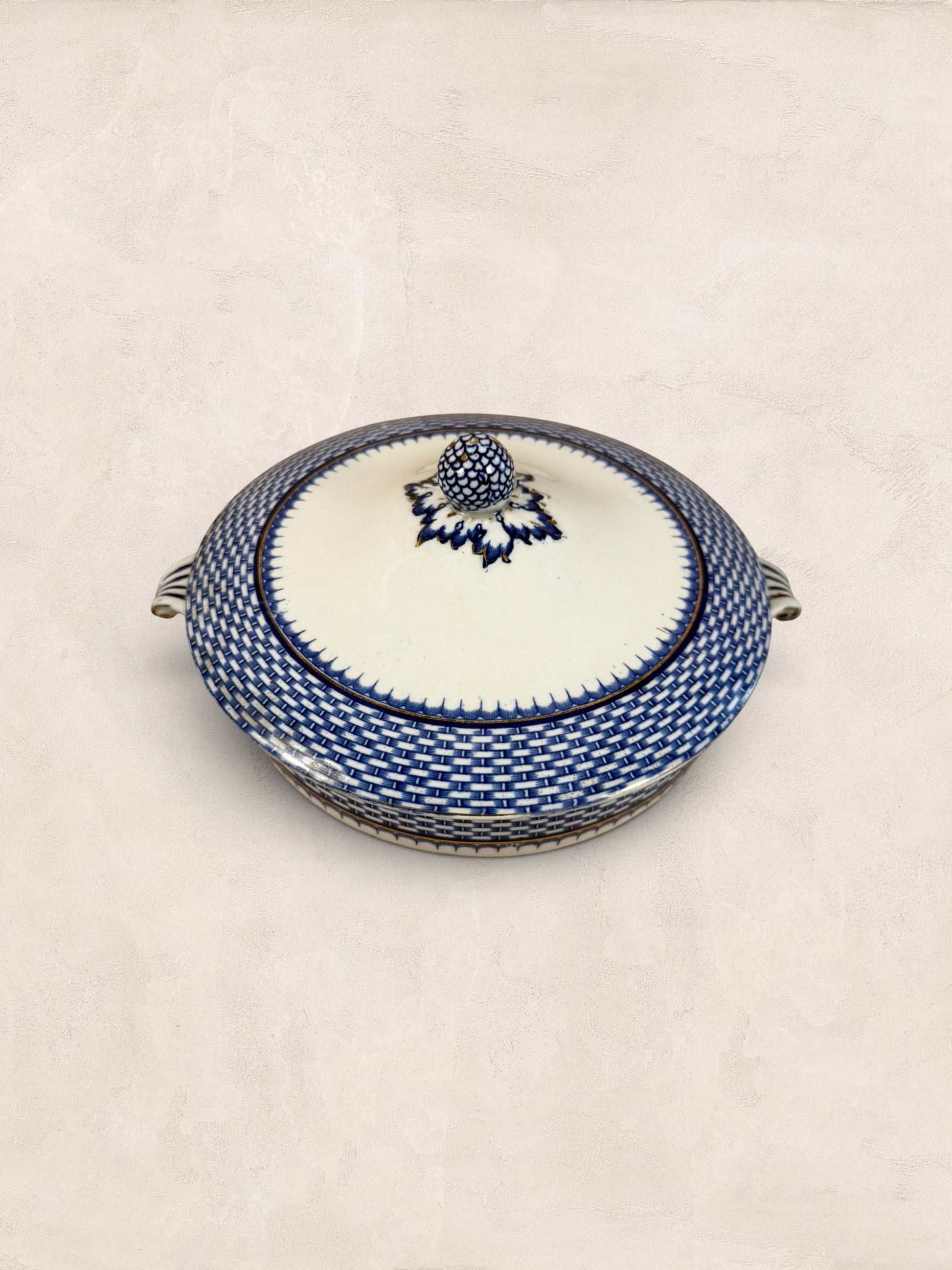 Stone and Relic Royal Cauldon 'Cromer' blue transferware covered tureen with lid, featuring a basket weave pattern and scenic detail.