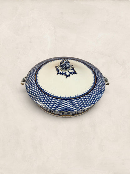 Stone and Relic Royal Cauldon 'Cromer' blue transferware covered tureen with lid, featuring a basket weave pattern and scenic detail.