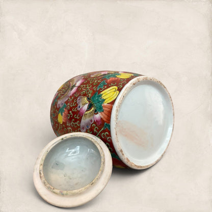 Stone and Relic decorative ceramic ginger jar with butterfly and floral motif in red, yellow, pink, green, and blue.