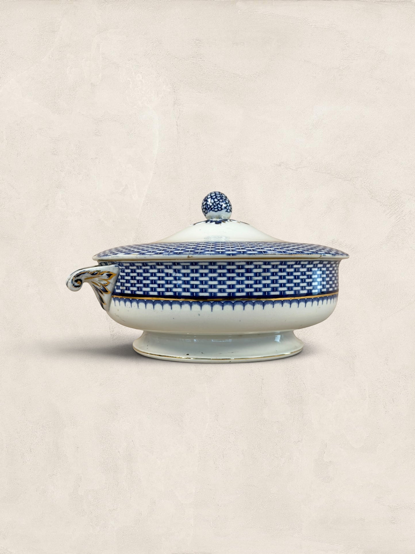 Stone and Relic Royal Cauldon 'Cromer' blue transferware covered tureen with ornate handles and lid knob.