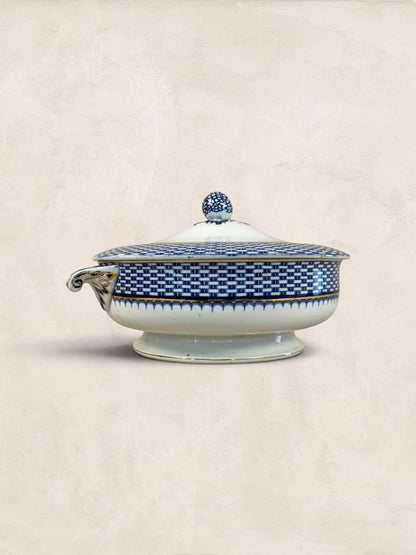Stone and Relic Royal Cauldon 'Cromer' blue transferware covered tureen with ornate handles and lid knob.