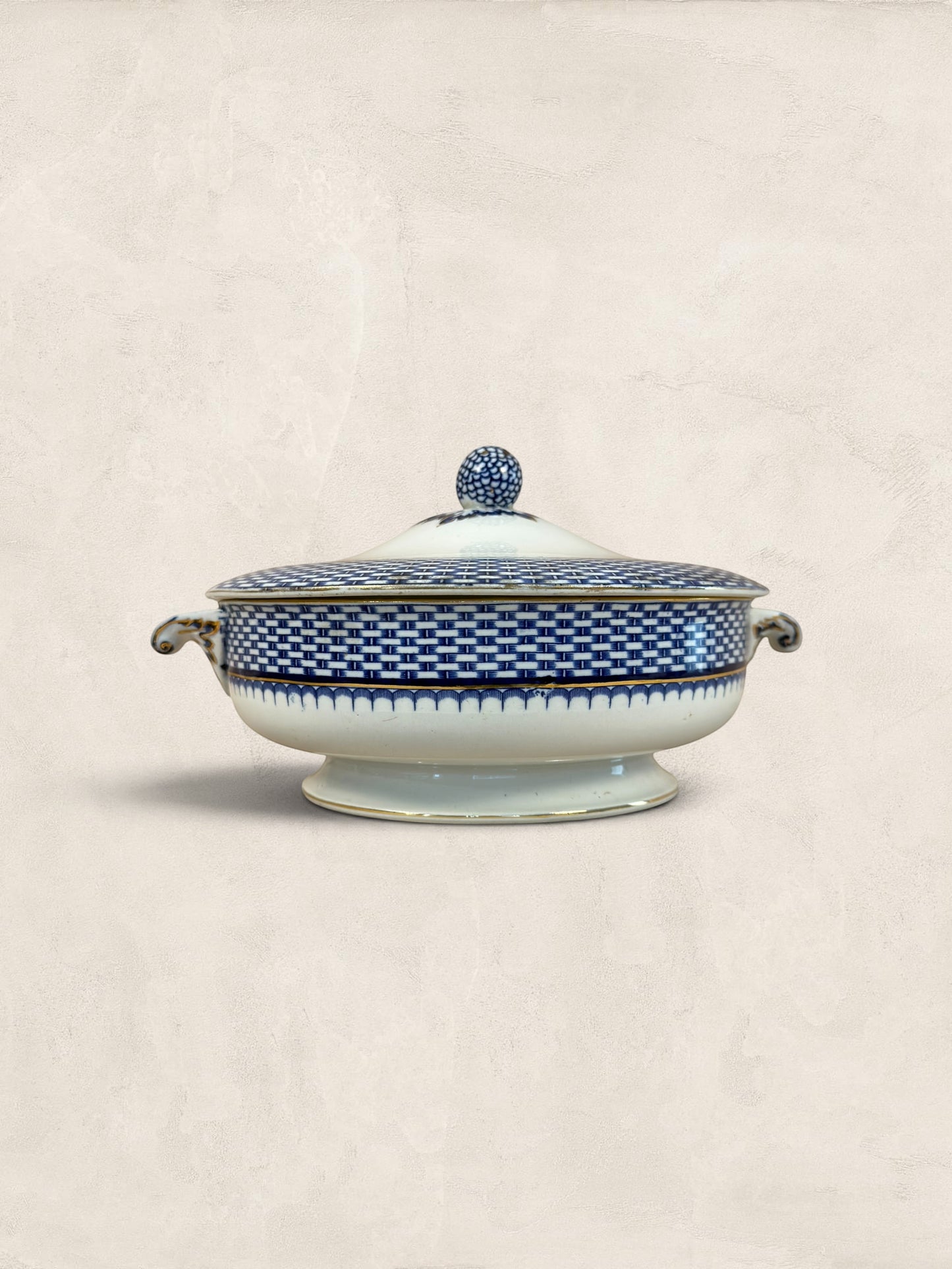 Stone and Relic Royal Cauldon 'Cromer' blue transferware covered tureen with lid and ornate knob. Features basketweave pattern.